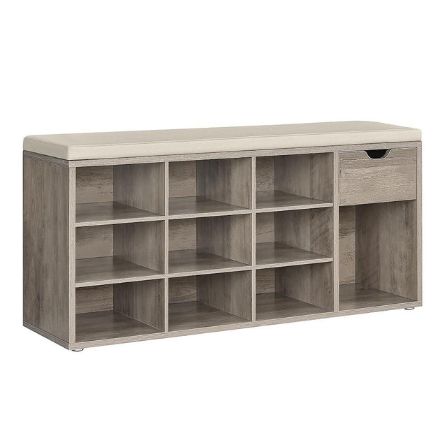 VASAGLE Custos Collection - Shoe Bench, Storage Bench with Padded Seat, Entryway Bench with 15 Compartments, for Bedroom, 11.8 x 40.9 x 18.9 Inches, Heather Greige and Cappuccino Beige ULHS024K02