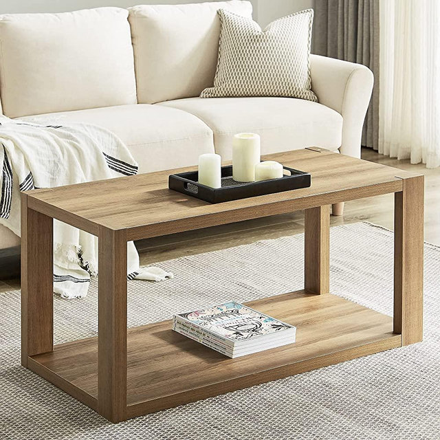 SICOTAS Farmhouse Coffee Table,Wood Table with Storage Shelf Rustic Center Table Wood Look Rectangle Accent Table 2-Tier Sofa Side Table Mid Century Modern Coffee Table Living Room Furniture