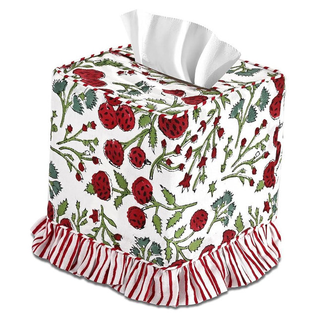 Ridhi Red Garnet Block Print Ruffle Tissue Box Cover Handmade Cotton Decorative Square Napkin Holder for Home Bedroom Living Room Bathroom Vanity Countertop Car Office Kitchen
