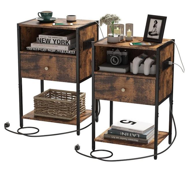 LDTTCUK Nightstand Set of 2 with Charging Station, Modern End Table with Drawer, Bedside Table with Open Storage for Bedroom,Side Table Rustic Brown