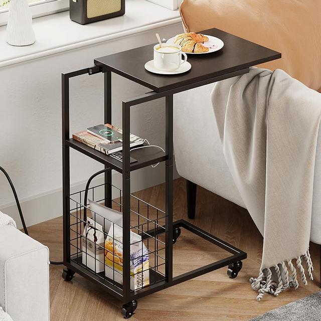 ODIKA C Shaped Slide Out End Table, Sofa Table, Couch Table, Bedside Tables, Includes Charging Station with 2 Power Outlets and 2-5V1A USB-A Ports, Slides Under Couch, Black top