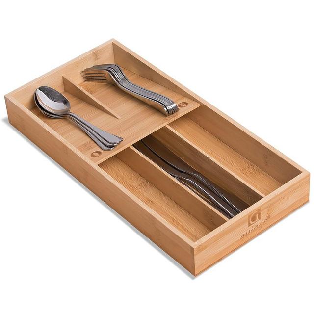 guiogc Bamboo Silverware Organizer, Kitchen Silverware Drawer Organizer, Utensil Tray Holder, Cutlery Tray for Spoons, Forks, Knives