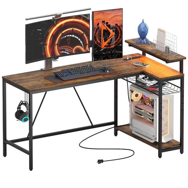 Bestier 58 L Shaped Desk with Power Outlets,Home Office Corner Desk with Reversible Shelves & LED Lights - Modern Simple Writing Study Desk for Small Space,Rustic Brown