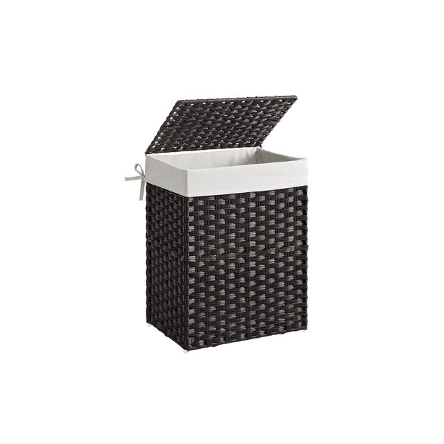 SONGMICS Handwoven Laundry Hamper, 23.8 Gal Synthetic Rattan Clothes Laundry Basket with Lid and Handles, Foldable, Removable Liner Bag, Black