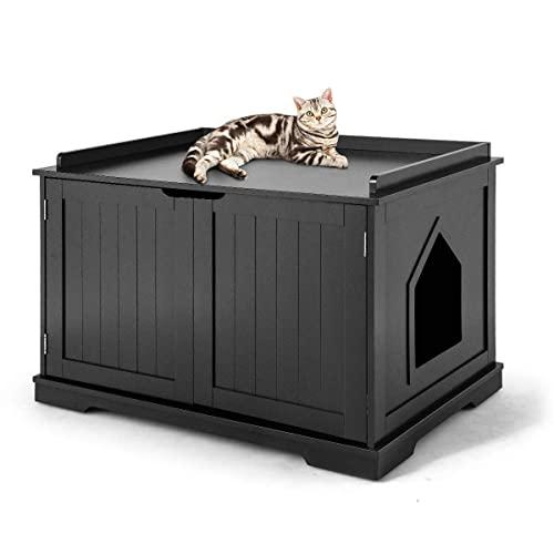 Tangkula Nightstand Pet House, Decorative Cat House, Enclosed Cat Washroom w/Cat Hole, Cat Home Nightstand, Indoor Pet Crate with Sturdy Wooden Structure, Litter Box Enclosure