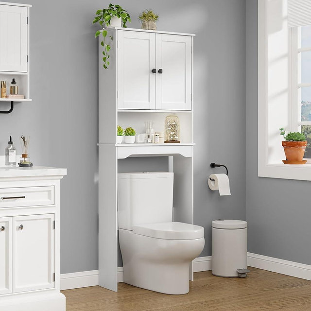 Over The Toilet Storage Cabinet,Bathroom Above Toilet Cabinets Organizer, 24.8" L x 9.1 "W x 65.7 "H Free Standing Toilet Rack with Adjustable Shelf and Open Storage,Double Doors, White