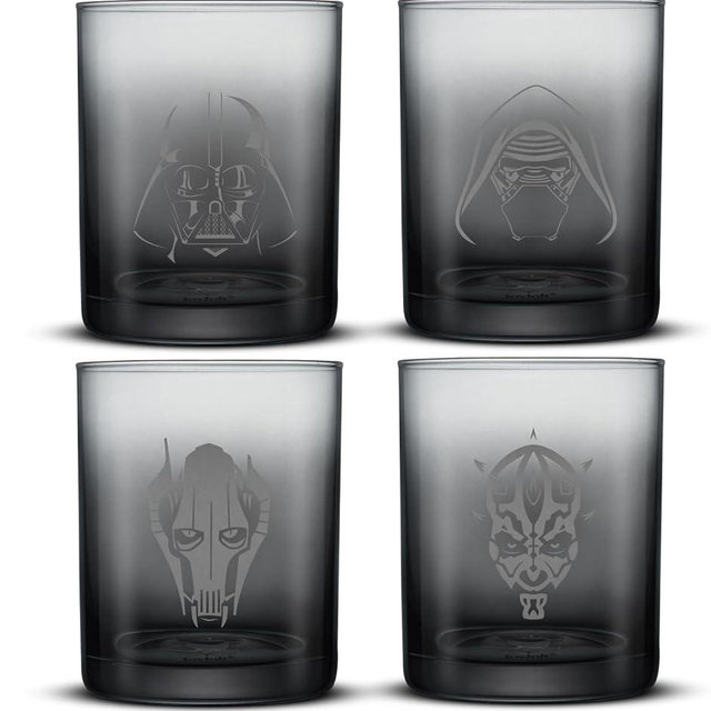 JoyJolt Star Wars Dark Side Drinking Glasses Set of 4, 14oz Short Glass Cups, Lowball Glass Tumbler Set ft Darth Vader Darth Maul Kylo Ren and General Grievous, Star Wars Stuff