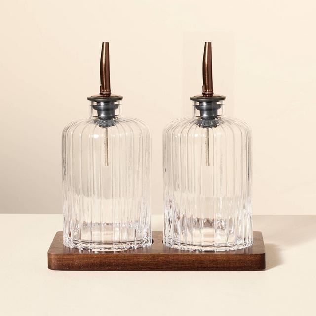 Oil & Vinegar Ribbed Glass Bottle Set with Wood Base - Hearth & Hand™ with Magnolia