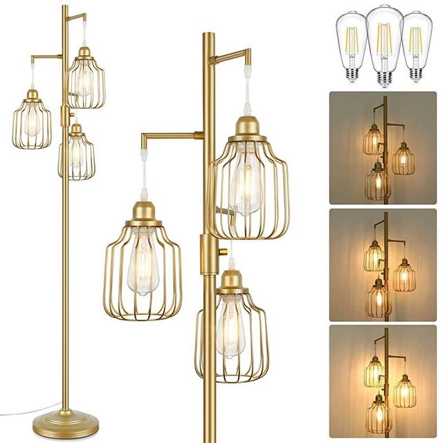 Dimmable Industrial Floor Lamp with 3 LED Edsion Bulbs, Farmhouse Tall Standing Lamp for Living Room, Modern Gold Tree Floor Lamp, Bright Vintage Pole Light with Cage Shades for Bedroom Home Decor