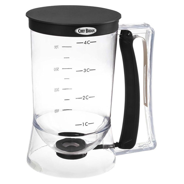 Pancake Batter Dispenser - 4-Cup Batter Dispenser with Squeeze Handle for Pancakes, Waffles, Muffins, and Crepes - Baking Tools by Chef Buddy (Black)