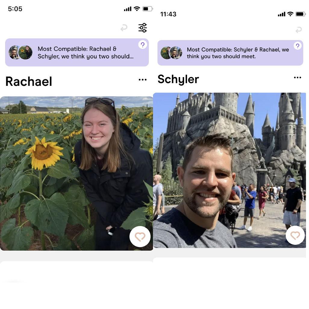 This didn't last long, as the universe seemed to push them back together. Even the dating apps tried to tell them they were "most compatible"! We laughed when we learned we'd each screenshotted it.
