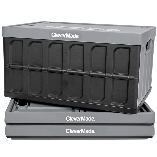 CleverMade Collapsible Storage Bin (With Lid), Stone, 3PK - 62L (16 Gal) Folding Plastic Stackable Utility Crates, Holds 100lbs Per Bin - Solid Wall CleverCrates for Organizing, Storage, Moving