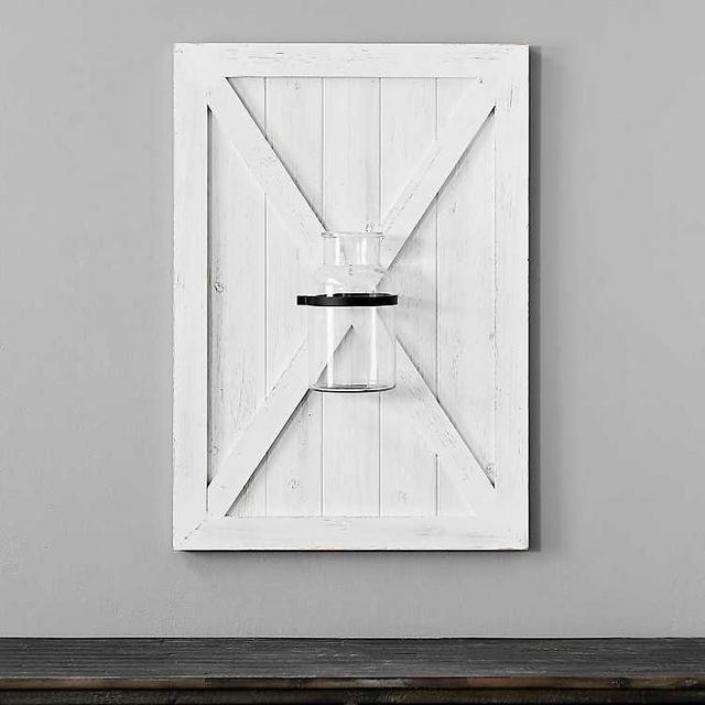 White Washed Wooden Barn Door with Glass Vase