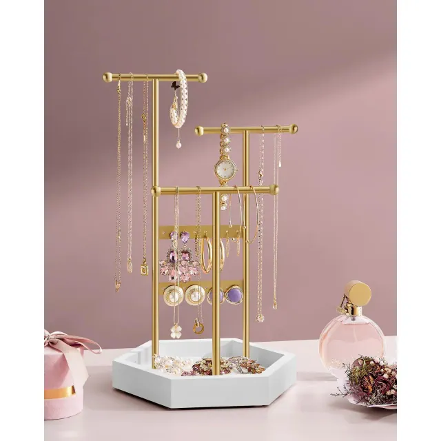 SONGMICS Jewelry Holder, Jewelry Organizer, 4 Independent Zones, Jewelry Display Stand with Metal Frame, Gold and White