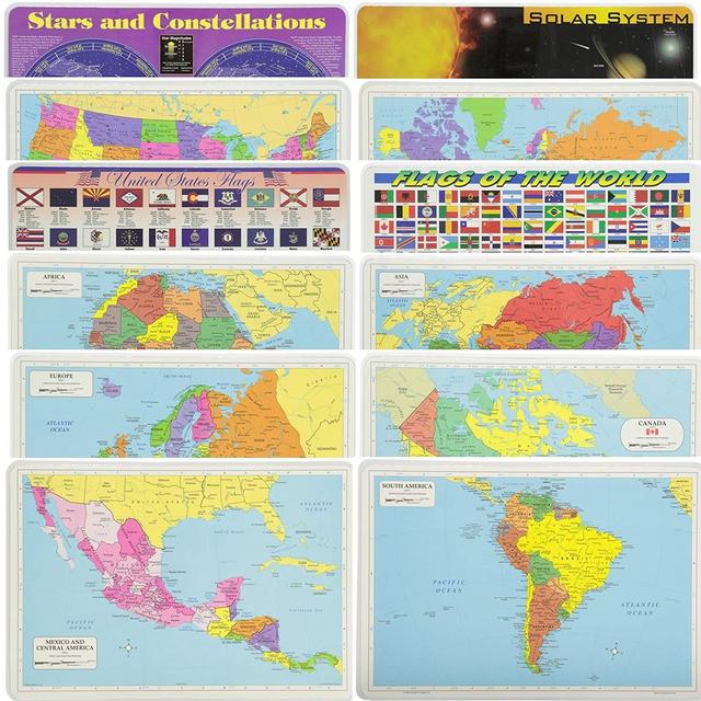 Painless Learning Educational Placemats for Kids USA and World Map, Africa, Asia, Europe, Canada, South Amaerica, Central America Maps, States Flags, World Flags, Stars and Solar System 12 Pack