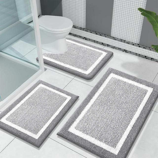 OLANLY Bathroom Rugs Sets 3 Piece, Soft Absorbent Microfiber Bath Mats and U-Shaped Contour Toilet Rug, Home Decor Accessories, Non-Slip, Bath Mat Set for Bathroom (30"x20"+24"x16"+24"x20", Grey)