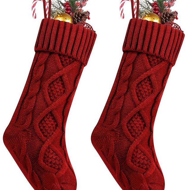 Fesciory Christmas Stockings, 2 Pack 18 Inches Cable Knitted Large Size Stocking Gifts & Decorations for Family Holiday Xmas Party, Burgundy
