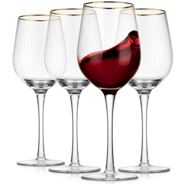 Royalrose Cheerful Optic Glasses with Gold Rim, Set of 4, Clear, All-Purpose, Ribbed Glasses, Dishwasher Safe (Red Wine Glasses), 14.5 oz