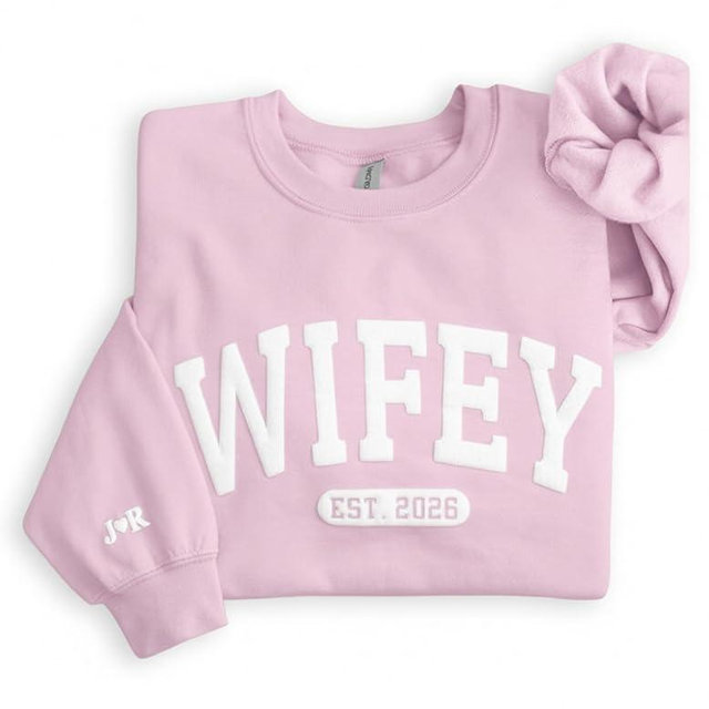 WEAR PHYSIQUE Embossed Custom Wifey Sweatshirt, Personalized Crewneck Engagement Gift for Bride, New Wife Sweater