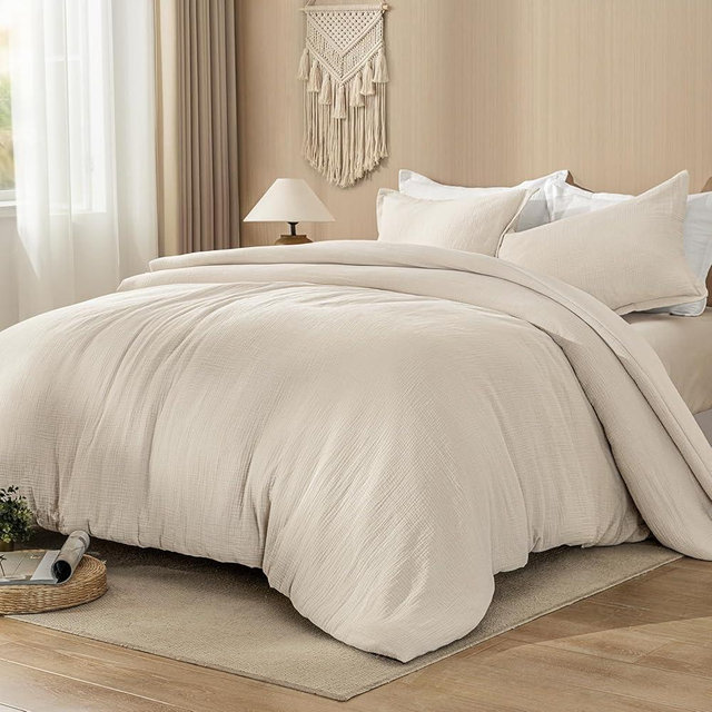 PHF Cotton Muslin Comforter Set King – 100% Cotton Cover, Ultra Soft & Breathable, 3PCS Lightweight All-Season Bedding with Polyester Fill, 1 Comforter 104"x90" & 2 Pillow Shams 20"x36", Natural