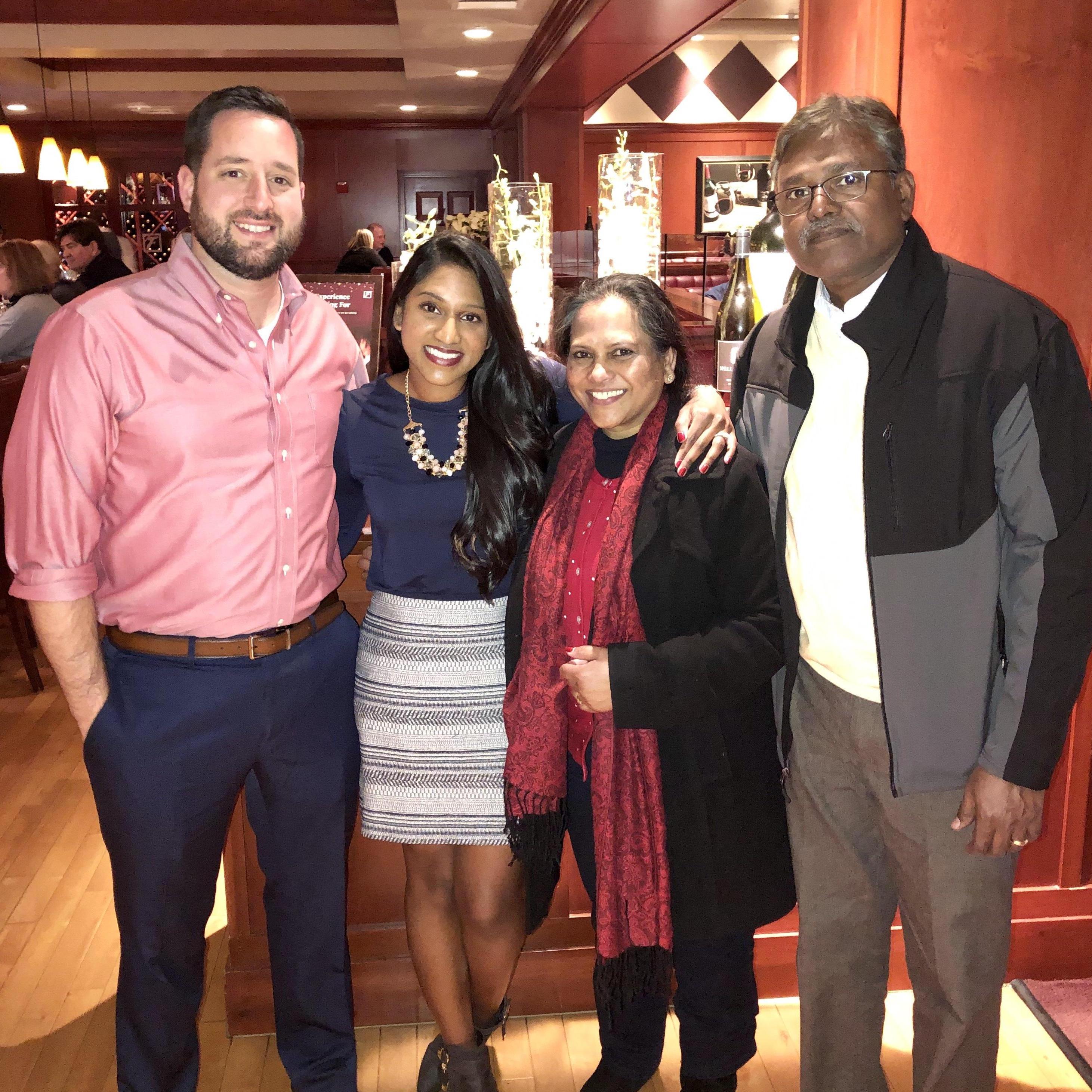Engagement celebration with Kirthi's parents, Sathish and Lois.