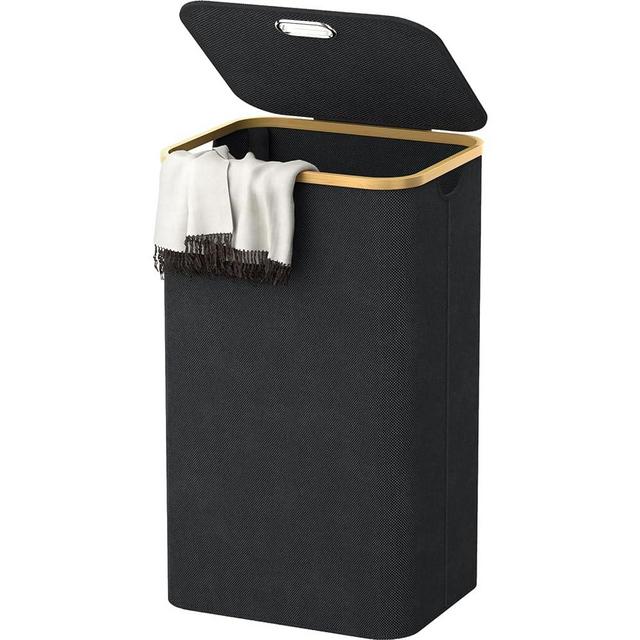 Homykic Laundry Hamper with Lid, 100L Tall Laundry Basket Collapsible with Bamboo Handles, Large Waterproof Laundry Bin Storage for Dorm, Bathroom, Bedroom, Clothing, Clothes, Toys, Black