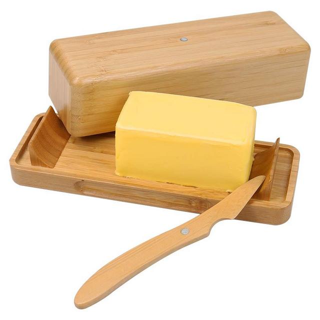 Bamboo Butter Dish with Lid and Knife by HTB, Smart Covered Butter Tray_ Extended Feet to Keep Butter Mess Off the Table, Easy Scoop Ramps, Magnetic to hold the butter-covered knife during use