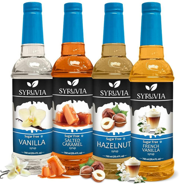 Syruvia Sugar Free Coffee Syrup Variety Pack: French Vanilla, Salted Caramel, Hazelnut, and Vanilla - Gluten-Free, Kosher, 25.4 fl oz Bottles - Enhance Your Coffee Experience,