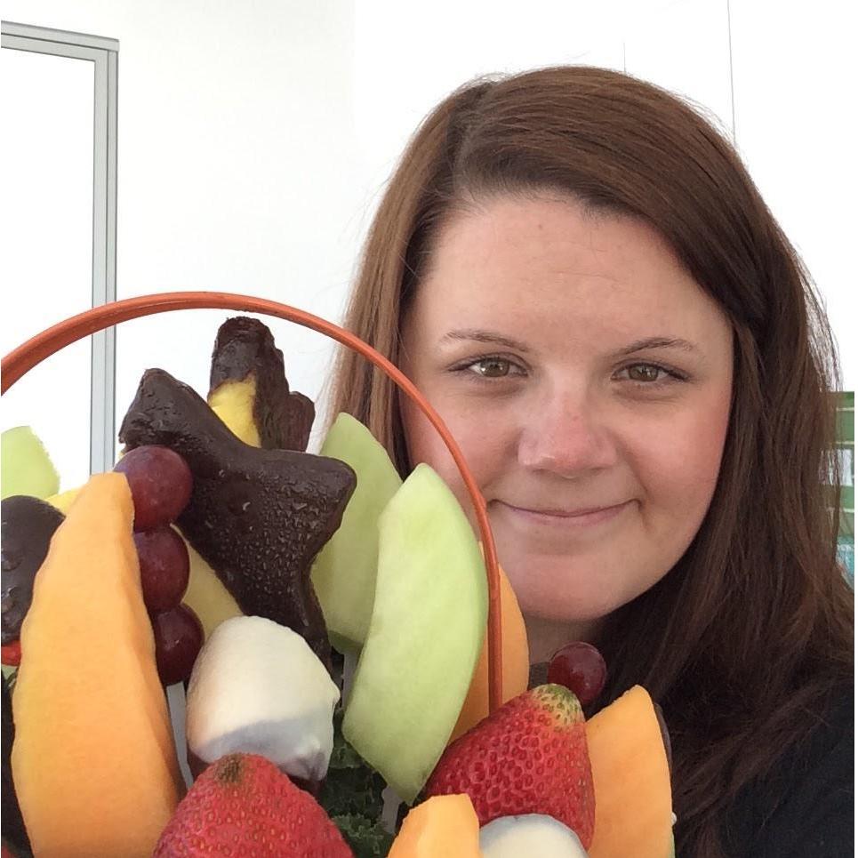 First day of new job, 2016. Xavier sent Annie an edible arrangement, because ~love~.