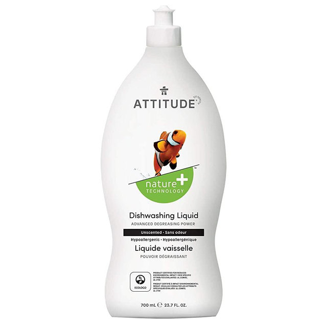 ATTITUDE Natural Dish Detergent, Plant- and Mineral-Based Efficient Dishwashing Liquid Formula, Hypoallergenic Vegan and Cruelty-Free, Unscented, 23.6 Fl Oz (13170)