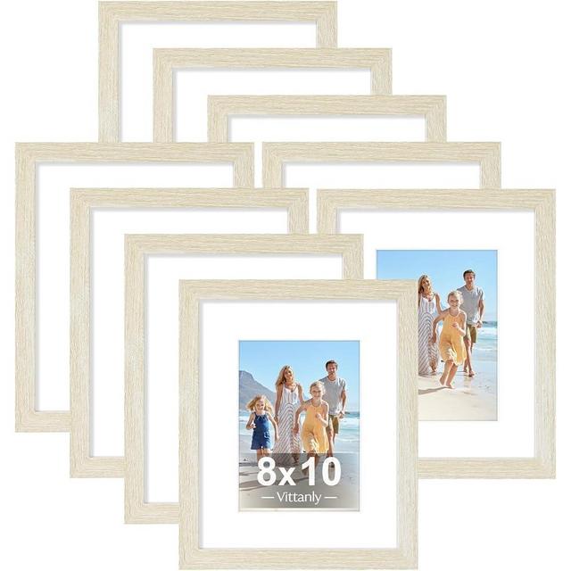 Vittanly 8x10 Picture Frames Set of 9, Shatter Resistant Plexiglass, Display 5x7 Pictures with Mat or 8x10 without Mat, Photo Frames for Wall or Tabletop, Engineered Wood, Cornsilk