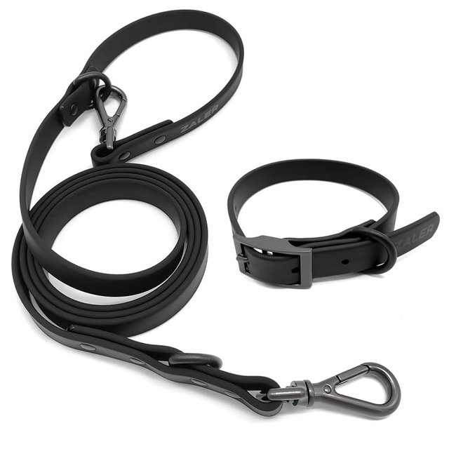 ZALER Dog Collar and Leash Set, Waterproof Adjustable Odor Proof Pet Collars Leashes Easy to Clean, 6FT Dog Leash with 2 Hooks for Large, Medium Small Dogs (XL, Black)