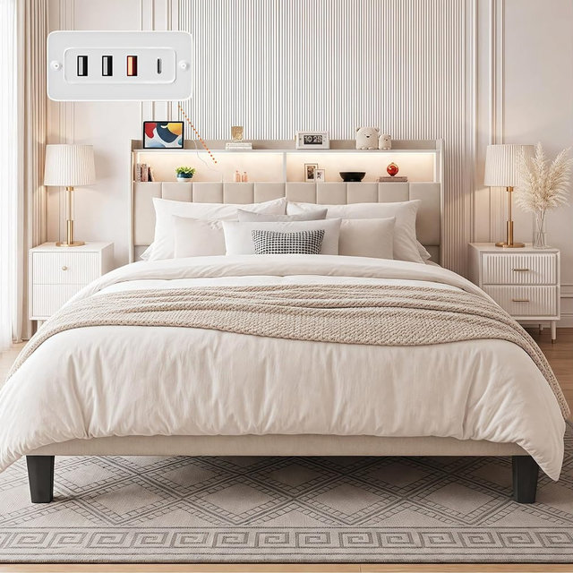 Gizoon Queen Size Bed Frame with Headboard & Charging Station, Upholstered Platform Bed with LED Lights, Storage Shelves, Noise Free Wooden Slats, No Box Spring Needed, Beige