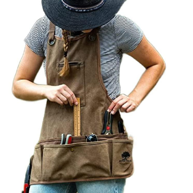 Ironwood Tool Co. 16oz Waxed Canvas Garden Tool Apron with shoulder pads, double stitched pocket, metal grommets for strap