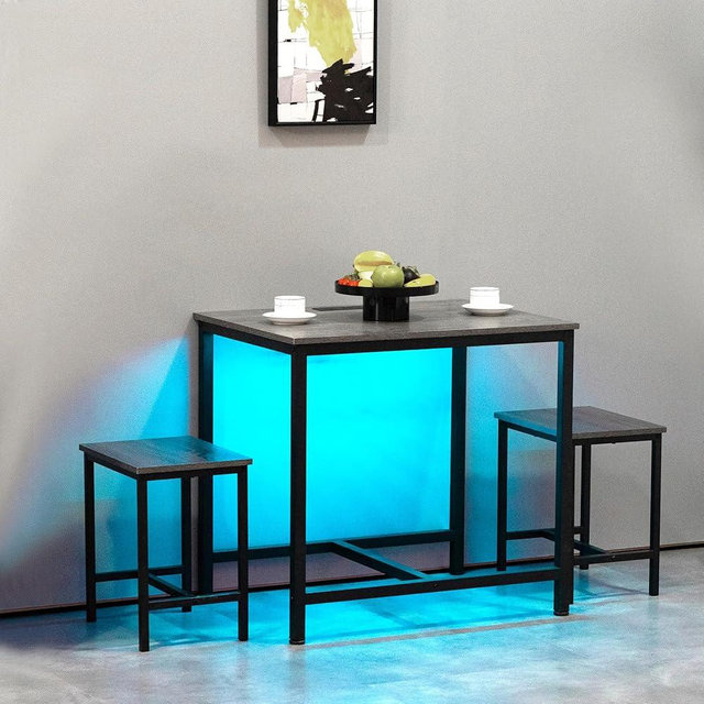 Finnhomy 3-Piece Dining Table Set, Small Kitchen Table with 2 Chairs, LED Light and USB Type-C Power Outlet, Space-Saving Design for Dining Room, Living Room, Apartment, Grey+Black