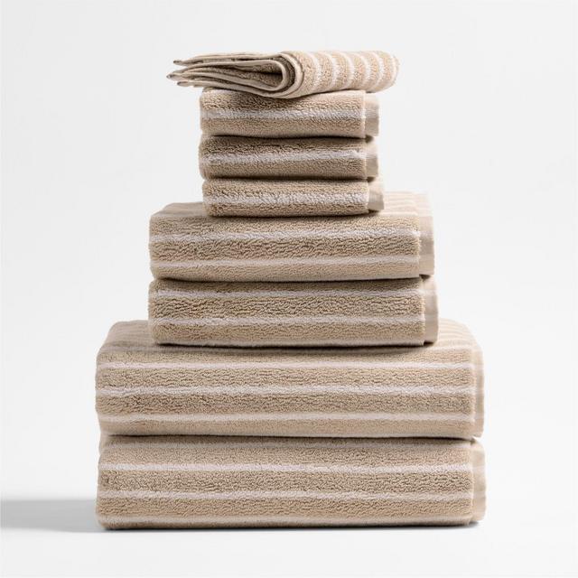Organic Turkish Cotton Sand Beige and Crisp White Stripe Bath Towels, Set of 8