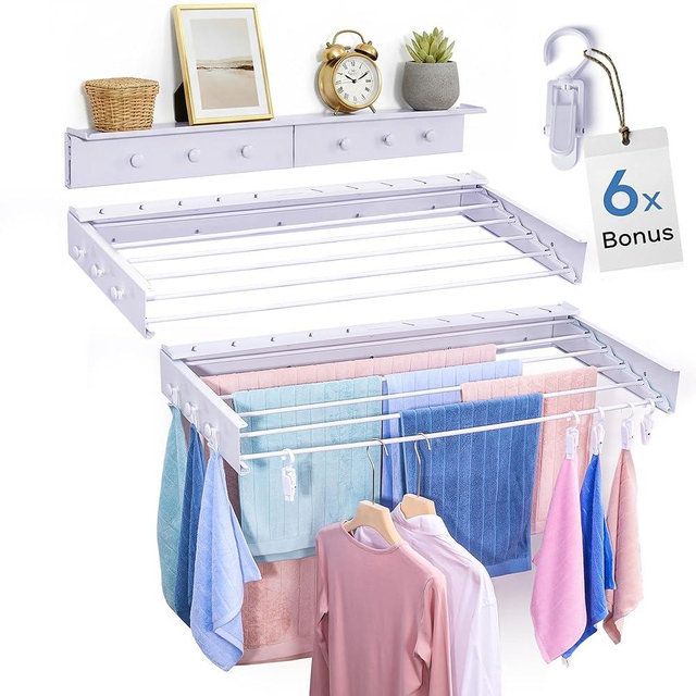 Synergy Direct Premium Aluminum Foldable Clothes Drying Rack with 6 Rods & 6 Extra Clips with Shelf | 40" Large Laundry Rack | 65 LBs Space-Saving Collapsible Design for Indoor Outdoor Use
