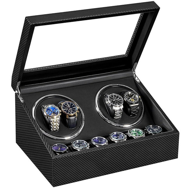 ANWBROAD Watch Winders for Automatic Watches, Automatic Watch Winder with 4 Watch Rotator and 6 Extra Storages, 4 Watch Winder with Japanese Quiet Motor, Carbon Fiber Watch Winder,UJWW012C
