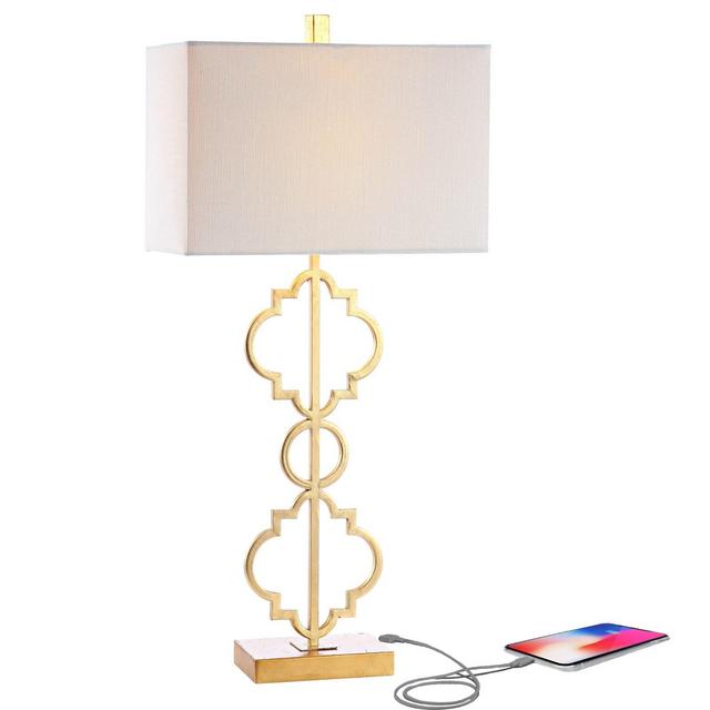 32" Iron Selina Ogee Trellis Modern USB Table Lamp (Includes LED Light Bulb) Gold - Jonathan Y