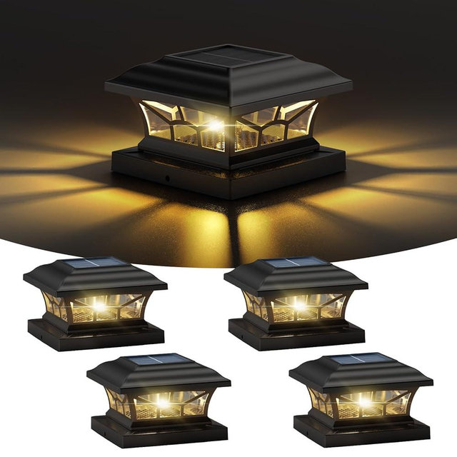 DAMAYCA 4 Pack Solar Post Cap Lights Outdoor Waterproof, Fits 4x4, 5x5, 6x6 Wooden & Vinyl Fence Decks, Edison LED Bulb with Warm & Cool White Light Modes.(Classic Black,4)
