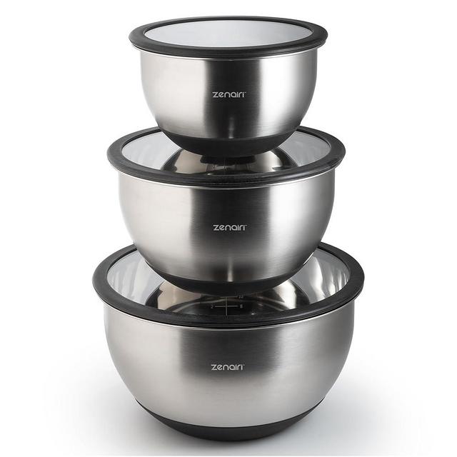 zenairi Premium Quality/Heavier Gauge Metal Mixing Bowls Stainless Steel Mixing Bowls with Lids Set 3-Piece Dishwasher-Safe Clear Glass Lids, No Plastics