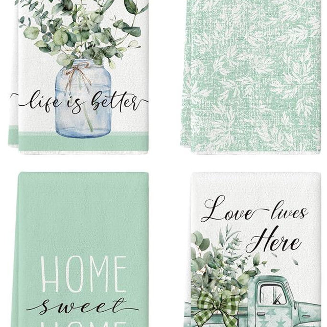 maiiooliwe 4 Pcs Sage Green Eucalyptus Leaf Kitchen Towels, 27.5x20 Inch Green Leaf Decorative Kitchen Tea Towels, Farmhouse Home Absorbent Dishcloth Fast Drying for Cooking (Eucalyptus Leaf)