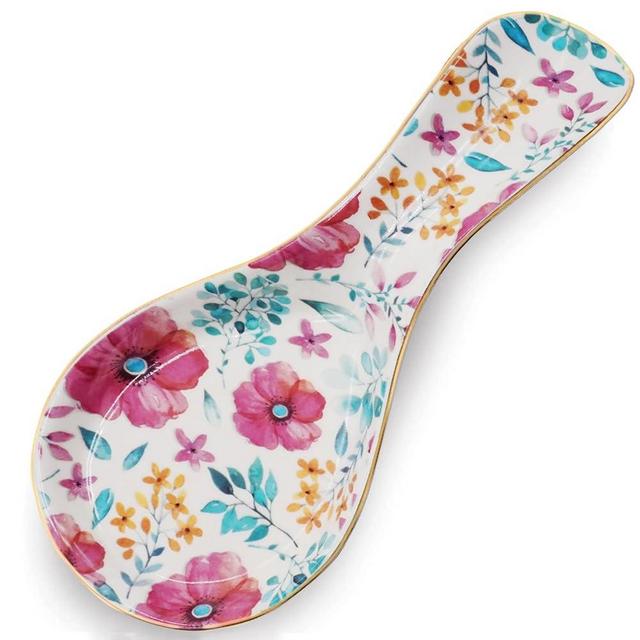 LEAZUL Ceramic Spoon Rest for Stove Top Kitchen Counter Large Spoon Holder Farmhouse Floral Flowers Print Coffee Spoon Cooking Utensil Tools Rest Modern Kitchen Decor (Purple Red)