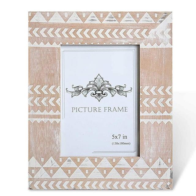 BOLUO Indian Boho Picture Frames 5x7 Rustic Moroccan Photo Frame Distressed White Chevron Wood Decor India