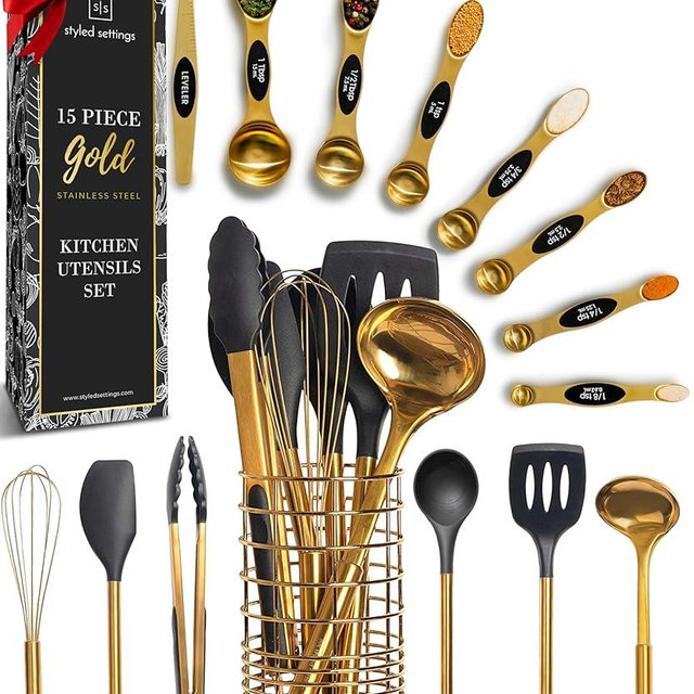 Styled Settings Black and Gold Kitchen Utensils Set - 15 Piece Set Includes Gold and Black Silicone Cooking Utensils with Gold Utensil Holder and Gold Magnetic Measuring Spoons - Gold Kitchen Set
