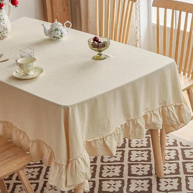 Tootop Cotton Tablecloth Ruffle Patchwork Tablecloth Beige Rectangle Farmhouse Vintage Tablecloth Washable Kitchen Banquet Tablecloth for 4-5 Feet Long Tablecloth 60''x71'' Beige Cotton