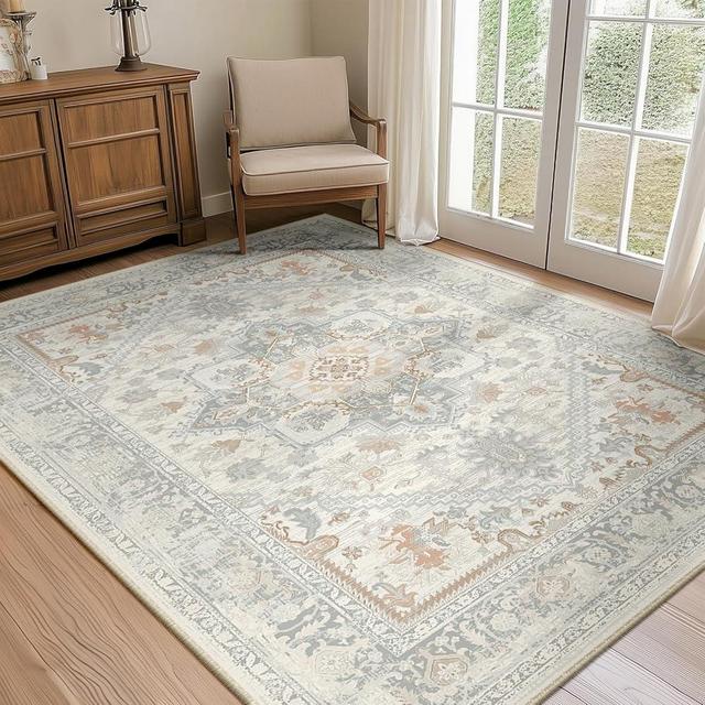 BESTSWEETIE 5x7 Area Rugs for Living Room Washable Non Slip Carpet Low Pile Soft Vintage Print Pattern Rug for Bedroom Dining Room Kitchen Entryway Indoor-Light Taupe/Brown
