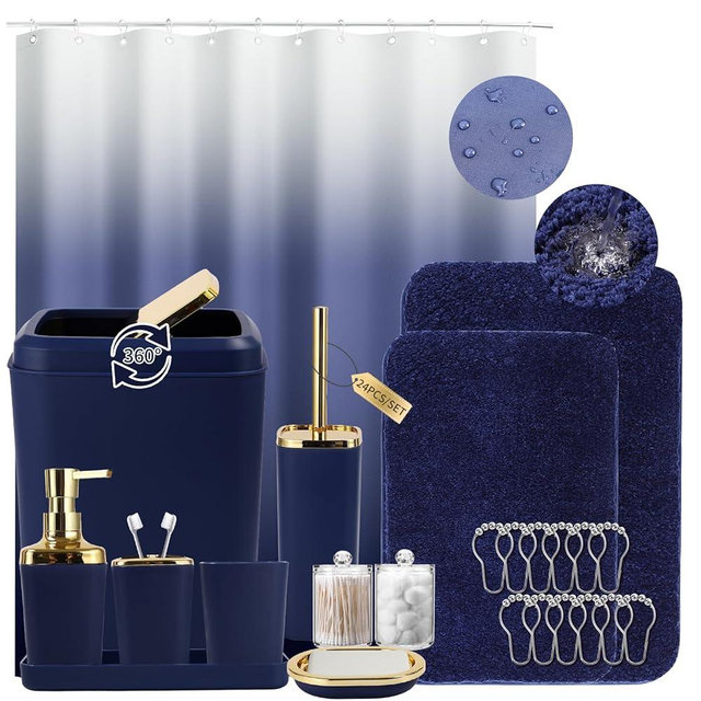 XLHOMO Bathroom Set - Navy Blue Bathroom Sets with Shower Curtain and Rugs, 24PCS Shower Curtain Set with Hooks, Soap Dispenser, Soap Dish, Toilet Brush Holder and Trash Can for Housewarming