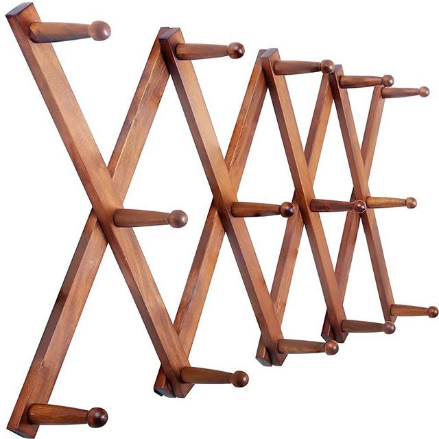 SKOLOO Accordion Wall Hanger, Modern Expandable Coat Rack Wall Mounted, Solid Wooden Wall Hat Rack, 14 Peg, Walnut