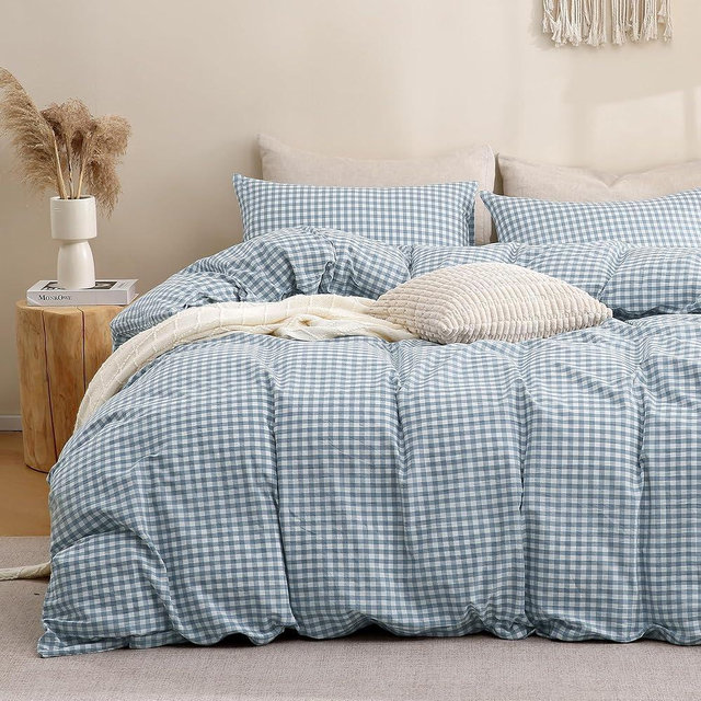 TOCOMOA Blue Gingham Duvet Cover Bedding Set 100% Washed Cotton Like Linen Feel Super Soft Comfortable 3 Piece Vintage Plaid Checkered Comforter Cover Set (King 104"x90", Comforter Not Included)